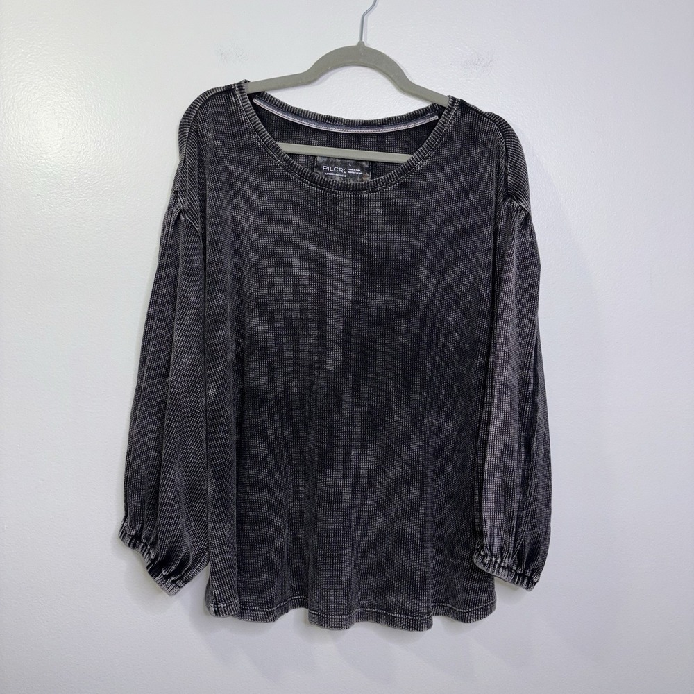 Pilcro anthropologie Black Waffle Knit Balloon Puff Sleeve Size Large
